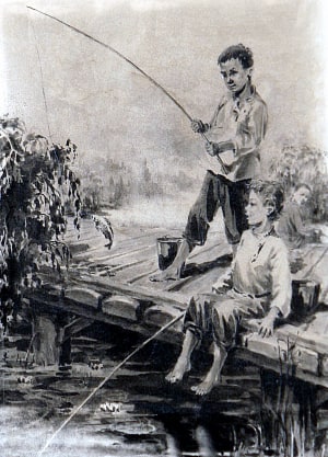 В то лето, 1889 года, мы усердно занимались рыбной ловлей. Иллюстрация к повести П. П. Бажова «Зелёная кобылка». Художник Екатерина Владимировна Гилёва, 1949 г.