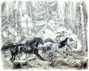 Сел Айлып на коня, невесту свою посадил на другого, четверку на повода взял, да и припустили, сколько конской силы хватило. Иллюстрация к сказу П. П. Бажова «Золотой волос». Художник Милашевский Владимир Алексеевич, 1952 г.