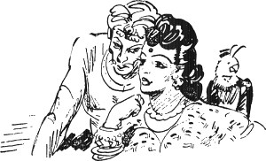 — Смотри, этот юноша умеет летать, — продолжал он, указывая на Ариэля пальцем с нанизанными до среднего сустава перстнями. Иллюстрация к роману А. Р. Беляева «Ариэль». Художник О. Коровин, 1964.