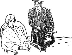 Мисс Кингман оглянулась. Перед ней стоял капитан, который включил в круг своих обязанностей оказывать любезное внимание самым «дорогим» пассажирам... Иллюстрация к роману А. Р. Беляева «Остров Погибших Кораблей». Художник О. Коровин, 1963.