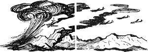 Второй, третий... Не прошло нескольких секунд, как вся воздушная стая закружилась в воздухе, подобно осенним листьям, сорванным с дерева ураганом. Иллюстрация к роману А. Р. Беляева «Продавец воздуха». Художник Д. Бисти, 1963.