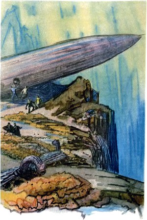 Часть третья. Глава V. Пещерные жители. Иллюстрация к роману А. Р. Беляева «Прыжок в ничто». Художник П. Луганский, 1964.