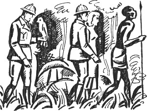 Впереди шел проводник, за ним — Эльза со Штирнером, за Штирнером — Качинский. Иллюстрация к роману А. Р. Беляева «Властелин мира». Художник Б. Алимов, 1963.