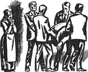 Весть о трагической кончине Карла Готлиба, крупнейшего банкира Германии, взволновала весь коммерческий мир... Иллюстрация к роману А. Р. Беляева «Властелин мира». Художник Б. Алимов, 1963.