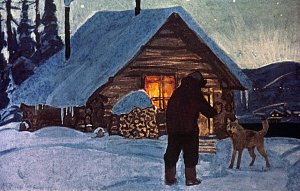 Поздно вечером, когда тот возвращался домой, Белый Клык оставлял тёплую нору, вырытую в сугробе, ради того, чтобы почувствовать прикосновение дружеской руки, услышать приветливые слова. Иллюстрация к повести Джека Лондона «Белый Клык». Художник Г. Никольский
