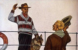 — Прощайте, Мэтт! Прощайте, дружище! Вам, пожалуй, не придётся писать мне про волка… Иллюстрация к повести Джека Лондона «Белый Клык». Художник Г. Никольский