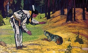 — Вабам вабиска ип пит та! (Смотрите! Какие белые клыки!). Иллюстрация к повести Джека Лондона «Белый Клык». Художник Г. Никольский
