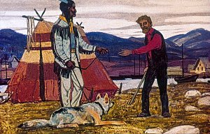 Красавчик Смит ушёл и вскоре вернулся с увесистой палкой. Серый Бобр передал ему ремень. Иллюстрация к повести Джека Лондона «Белый Клык». Художник Г. Никольский