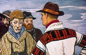 — Трусы! — закричал он. — Мерзавцы! Иллюстрация к повести Джека Лондона «Белый Клык». Художник Г. Никольский