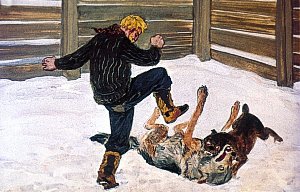 Увидев, что глаза Белого Клыка уже заволакивает пеленой, он понял, что бой проигран. Словно сорвавшись с цепи, он бросился к Белому Клыку и начал яростно бить его ногами. Иллюстрация к повести Джека Лондона «Белый Клык». Художник Г. Никольский