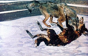 Клык скакал из стороны в сторону, ухитряясь увёртываться и ускользать от противника, и в то же время успевал рвать его клыками и снова отпрыгивать назад. Иллюстрация к повести Джека Лондона «Белый Клык». Художник Г. Никольский