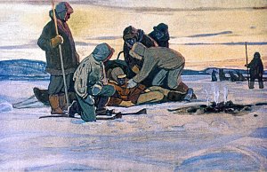 — Рыжая волчица… приходила к кормёжке собак… Сначала сожрала собачий корм… потом собак… А потом Билла… Иллюстрация к повести Джека Лондона «Белый Клык». Художник Г. Никольский