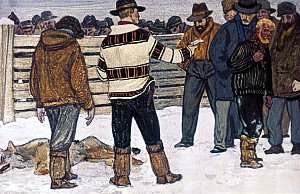Он открыл бумажник и отсчитал эту сумму. Красавчик Смит заложил руки за спину отказываясь взять протянутые ему деньги. Иллюстрация к повести Джека Лондона «Белый Клык». Художник Г. Никольский