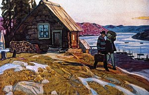 — Берегите его, Мэтт, — говорил Скотт, когда они спускались с холма. — Напишите мне, как ему тут живётся. Иллюстрация к повести Джека Лондона «Белый Клык». Художник Г. Никольский