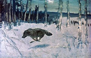Началась долгая, жестокая погоня, но Белый Клык был крепче волков и в конце концов убежал от них. Иллюстрация к повести Джека Лондона «Белый Клык». Художник Г. Никольский