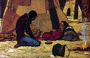 Когда Белому Клыку пошёл третий год, индейцев, живших на реке Маккензи, постиг голод. Иллюстрация к повести Джека Лондона «Белый Клык». Художник Г. Никольский