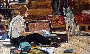 А потом наступил день, когда в открытую дверь хижины Белый Клык увидел, как хозяин укладывает вещи в тот самый проклятый чемодан. Иллюстрация к повести Джека Лондона «Белый Клык». Художник Г. Никольский