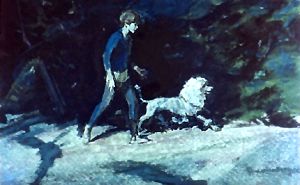 Опасность миновала, все ужасы этой ночи прошли без следа, и им обоим весело и легко было идти по белой дороге, ярко освещенной луной... Иллюстрация Р. Столярова к рассказу А. И. Куприна «Белый пудель»