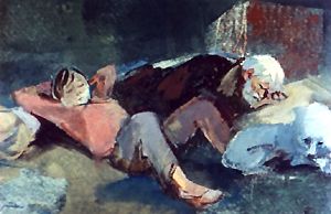 Мысли его тотчас же спутались и расплылись в тяжелых и бесформенных видениях. Иллюстрация Р. Столярова к рассказу А. И. Куприна «Белый пудель»