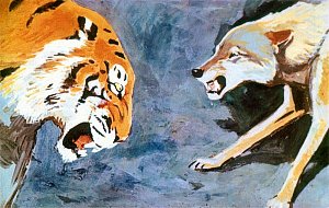Человеческий детеныш мой, хромуля! Да, мой. Его не убьют!.. Иллюстрация к рассказу Р. Киплинга «Братья Маугли». Художники Г. Никольский, А. Келейников (1964)