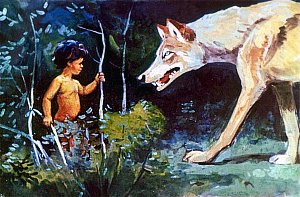 — Человек, — коротко сказал он, — детеныш человека! Смотри. Иллюстрация к рассказу Р. Киплинга «Братья Маугли». Художники Г. Никольский, А. Келейников (1964)