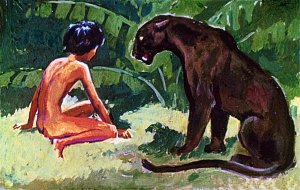 — О ты, детеныш человека! — очень нежно промурлыкала пантера. — И как я вернулась в мои джунгли, так и ты, в конце концов, должен вернуться к людям, к людям — твоим братьям... если тебя раньше не убьют в Совете. Иллюстрация к рассказу Р. Киплинга «Братья Маугли». Художники Г. Никольский, А. Келейников (1964)