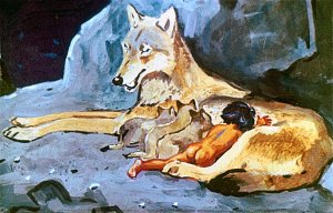 — Ай, да он кормится вместе с остальными! Вот так человеческий детеныш! Иллюстрация к рассказу Р. Киплинга «Братья Маугли». Художники Г. Никольский, А. Келейников (1964)