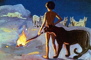 — Ты — господин, — тихим голосом сказала ему Багира. — Спаси Акелу от смерти. Он всегда был твоим другом. Иллюстрация к рассказу Р. Киплинга «Братья Маугли». Художники Г. Никольский, А. Келейников (1964)