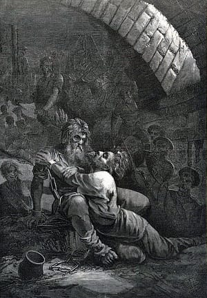 Я помню, как в тюрьме жестокой больной, в цепях, лишенный сил, без памяти, в тоске глубокой за старца брат меня молил. Иллюстрация Загорского Николая Петровича (1849-1894) к поэме А. С. Пушкина «Братья разбойники»
