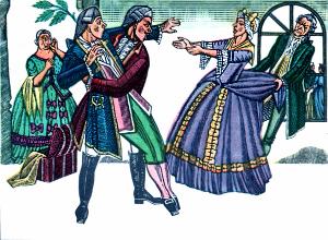 Бригадир и советник кидаются разнимать их. Иллюстрация Е. Суматохина к комедии Фонвизина «Бригадир»