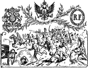 И Франция дерется на славу, соединившись с Бельгией и Англией... Австрия сотрясается... А наши чудо-богатыри идут все вперед, пробивая штыками себе дорогу. Иллюстрация к роману Лидии Чарской «Ее величество Любовь». Художник М. А. Андреев, 1915 г.