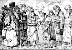 Молоденькая хозяйка поднесла, по обычаю, князю вино... Иллюстрация к исторической повести Л. А. Чарской «Грозная дружина». Издание 1909 г.