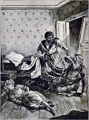 Негритянка, толкнув бродягу на пол, наскоро сорвала простыню с кровати... Иллюстрация к повести Лидии Чарской «Сибирочка». Художник И. Гурьев, 1912 г.