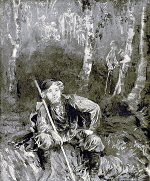 Уселся Иван на камне, у опушки леса, и стал думать, почему люди решили, что он три раза оттолкнул счастье... Иллюстрация З. Шапиро к «Сказке про Ивана, искавшего счастье» Лидии Чарской. Издание 1912 г.