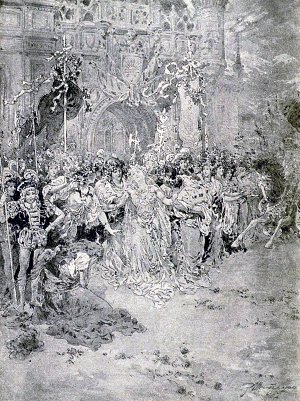 Пошатнулась королевна. Девушки-прислужницы подхватили ее... Иллюстрация З. Шапиро к сказке «Три слезинки королевны» Лидии Чарской. Издание 1912 г.