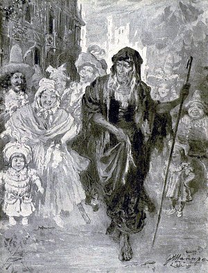 — Хи-хи-хи? Что за странная старуха? — удивлялись счастливые люди Весёлого царства... Иллюстрация З. Шапиро к сказке «Весёлое царство» Лидии Чарской. Издание 1912 г.