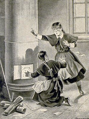 В огне ярко пылала маленькая красная книжка... Иллюстрация к повести Лидии Чарской «Записки маленькой гимназистки». Художник А. Бальдингер, 1912 г.