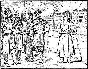 Поляки и Сусанин. Иллюстрация к исторической повести Лидии Чарской «Желанный царь». Художник И. Гурьев, 1913 г.