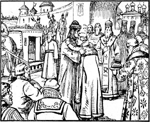 Прощание Михаила Феодоровича с матерью. Иллюстрация к исторической повести Лидии Чарской «Желанный царь». Художник И. Гурьев, 1913 г.