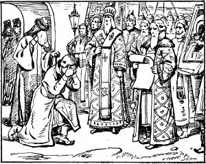 Михаил Феодорович слушает речь Дионисия. Иллюстрация к исторической повести Лидии Чарской «Желанный царь». Художник И. Гурьев, 1913 г.