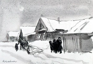 Ошалевший токарь выпросил у соседа лошаденку... Кукрыниксы (Куприянов М.В., Крылов П.Н., Соколов Н.А.). Иллюстрация к рассказу А. П. Чехова «Горе». Рисунок. 1950-е гг.