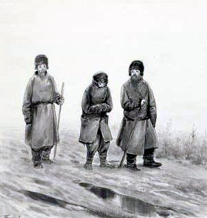 Андрей Птаха и Никандр Сапожников конвоируют бродягу. Иллюстрация к рассказу А. П. Чехова «Мечты». Художник Богатов Николай Алексеевич, 1900-е