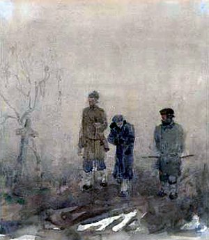 Двое сотских конвоируют бродягу. Иллюстрация к рассказу А. П. Чехова «Мечты». Художник Мазель Рувим Моисеевич, 1960