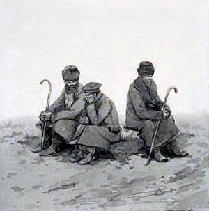 Сотские и бродяга отдыхают на бугорке. Иллюстрация к рассказу А. П. Чехова «Мечты». Рисунок для волшебного фонаря. Пономарев Василий Семенович. Конец XIX - начало XX века.
