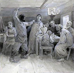Кирьяк бьет жену Марью. Иллюстрация к повести А. П. Чехова «Мужики». Художник А. П. Апсит, 1903-1905