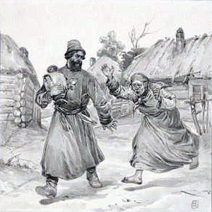 Антип Седельников уносит самовар. Иллюстрация к повести А. П. Чехова «Мужики». Художник А. П. Апсит, 1903-1905