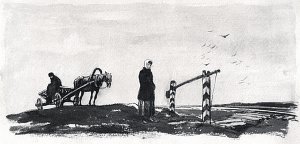 Рисунок к произведению А. П. Чехова «На подводе». Кукрыниксы, середина XX века