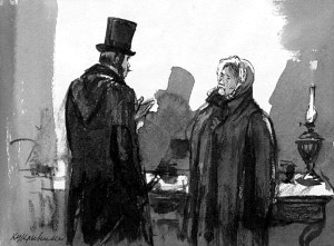 — Я коллежский асессор Кирьяков, — говорит он. — Пришел я просить вас к своей жене. Только, пожалуйста, поскорее. Иллюстрация к рассказу А. П. Чехова «Необыкновенный». Художники Кукрыниксы (Куприянов М.В., Крылов П.Н., Соколов Н. А), 1939-1940