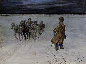 Промелькнул какой-то человек; он стоял по колена в снегу, сойдя с дороги, и смотрел на тройку; следователь видел палку крючком и бороду и на боку сумку, и ему показалось, что это Лошадин, и даже показалось, что он улыбается. Иллюстрация к рассказу А. П. Чехова «По делам службы». Художник Вышеславцев Николай Николаевич, 1930 г.
