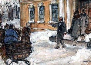 — Что ты тут стоишь, старый чёрт? Пошел вон отсюда! Иллюстрация к рассказу А. П. Чехова «По делам службы». Художник Абросимов Михаил Ильич, 1963 .